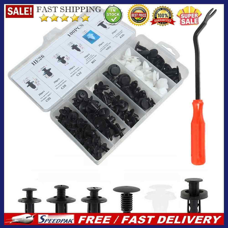 100 in 1 Universal Car Clips Auto Rivets Fasteners Assortment + 6 inch Remover