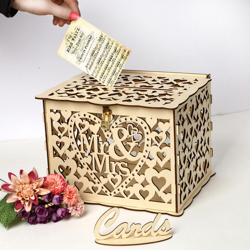Wood Wedding Card Box DIY Mr Mrs Hollow Love Wedding Supplies Gift (02) Newly