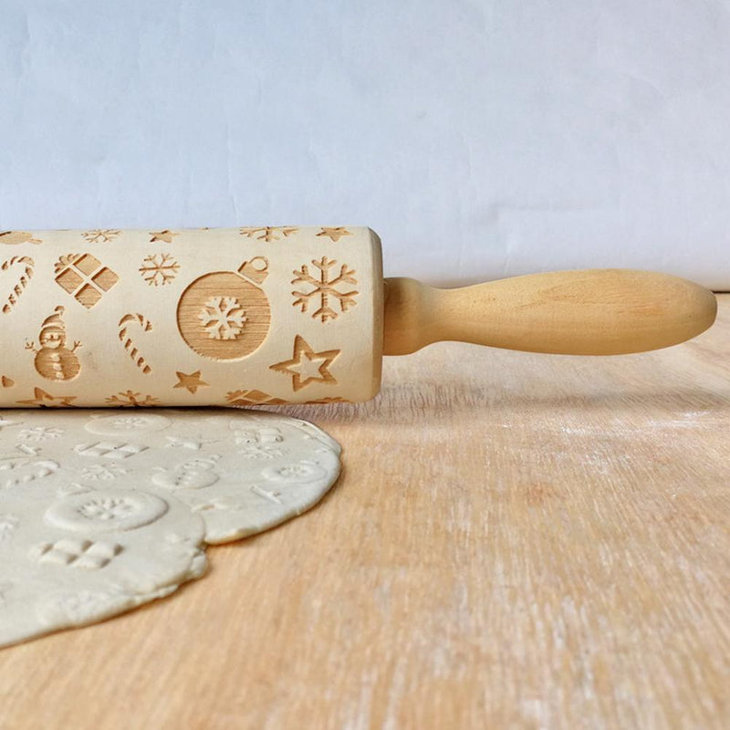 Christmas Gift Pattern Wooden Rolling Pin Dough Engraved Roller DIY Supplies
