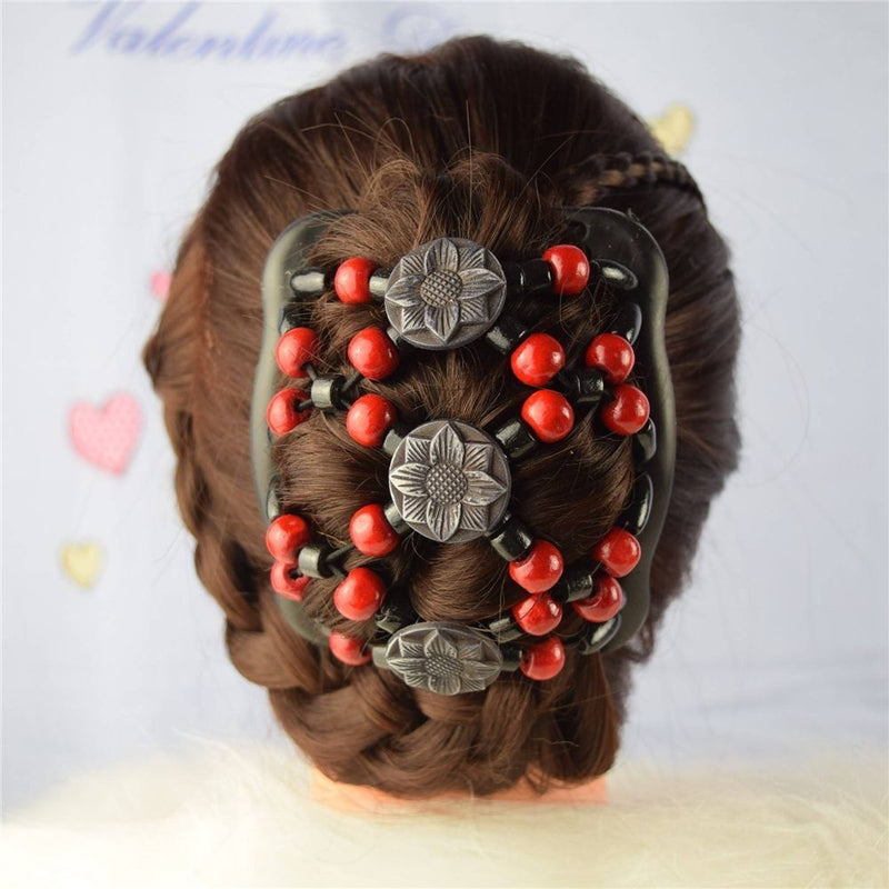 Women Clip Stretchy Hair Accessories  Wood Beads Magic Hair Comb  Double