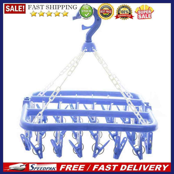 32 Clips Folding Socks Cloth Hanger Clothespin Clothes Drying Rack (Blue)