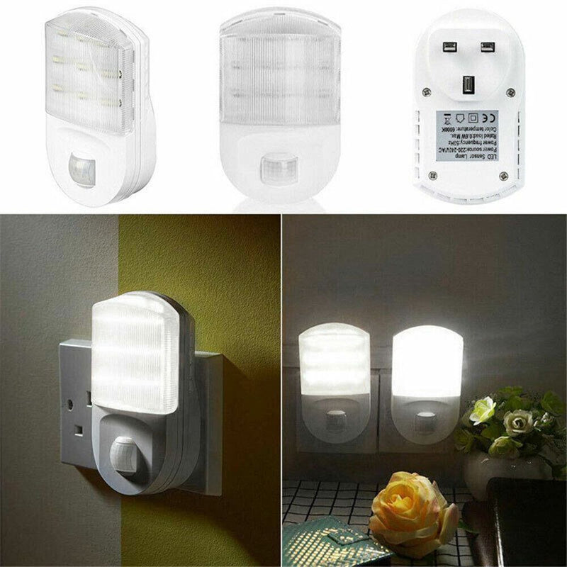 White LED Plug In Sensor Light PIR Motion Hallway Socket Lamps Night Lamp