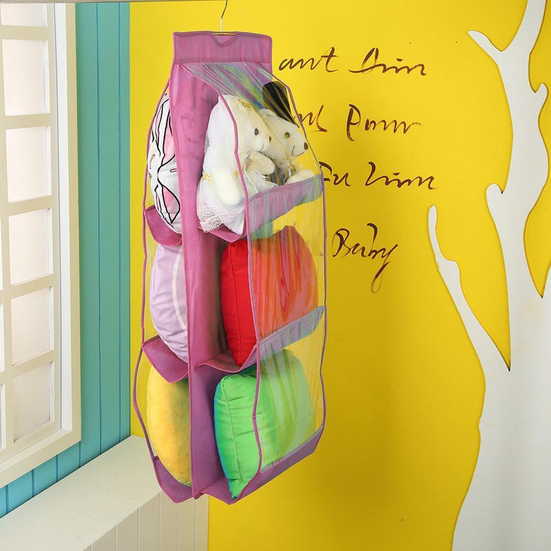 Transparent 6 Pocket Handbag Hanging Storage Bag Dust-proof Pouch (Pink)