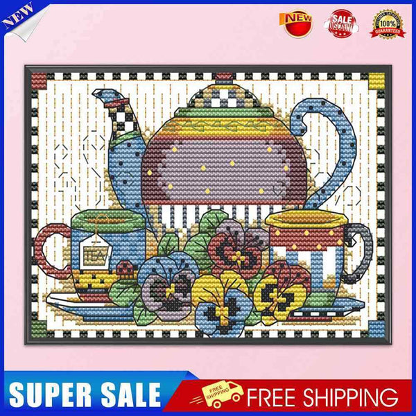 Tea Set Partial Cross Stitch 14CT Cotton Thread Printed Embroidery Kits