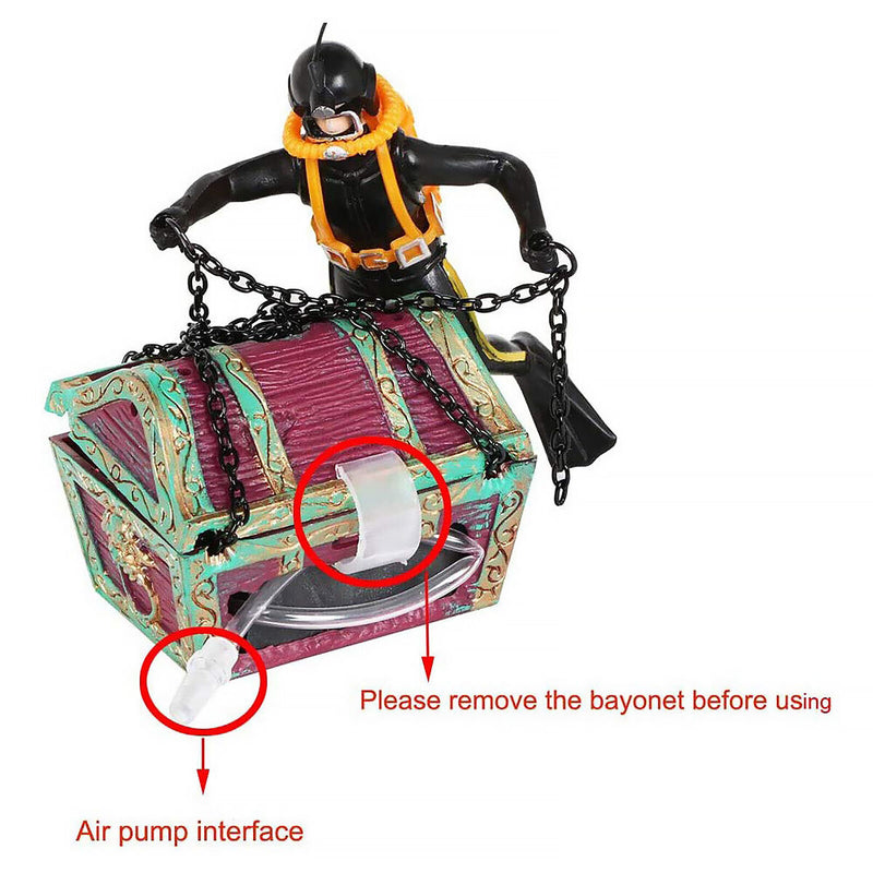 Fish Tank Treasure Chest Diver Live-Action Aerating Aquarium Decor (Black) Newly