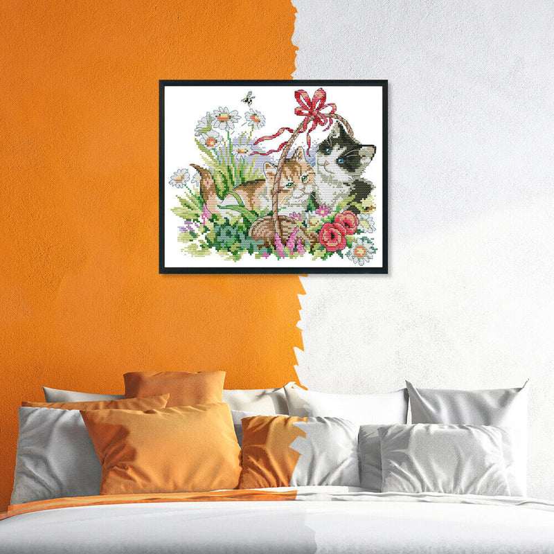 Stamped Cross Stitch Spring Kitties 2-Strand 14CT Embroidery DIY Set (D376)