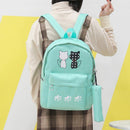 3pcs Composite Cats Canvas Girls Backpack Crossbody Bag Pencil Case(Green)