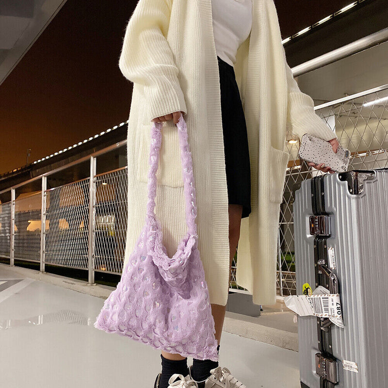 Women Simple Fashion Messenger Bag Soft Fur Solid Color Autumn Travel Handbag