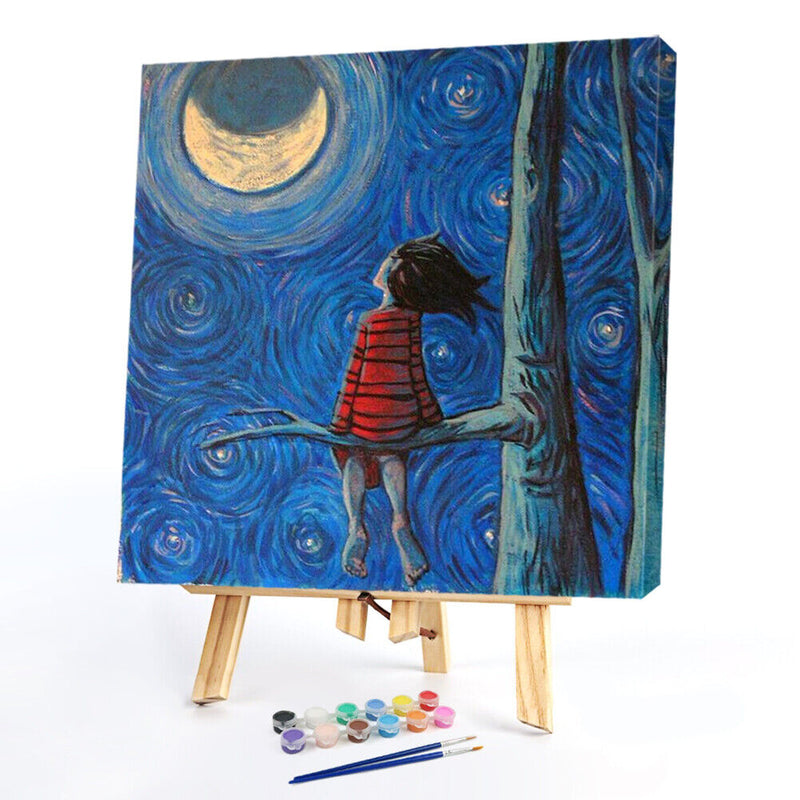 DIY Paint By Number Kit Little Girl Looking at The Moon No Frame Home Decor