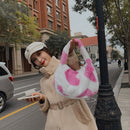 Women Soft Warm Plush Heart Pattern Handbags Female Travel Fluffy Underarm Bags