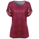 Women Print T-shirts Summer O Neck Short Sleeve Hollow Tops (Wine Red 2XL)