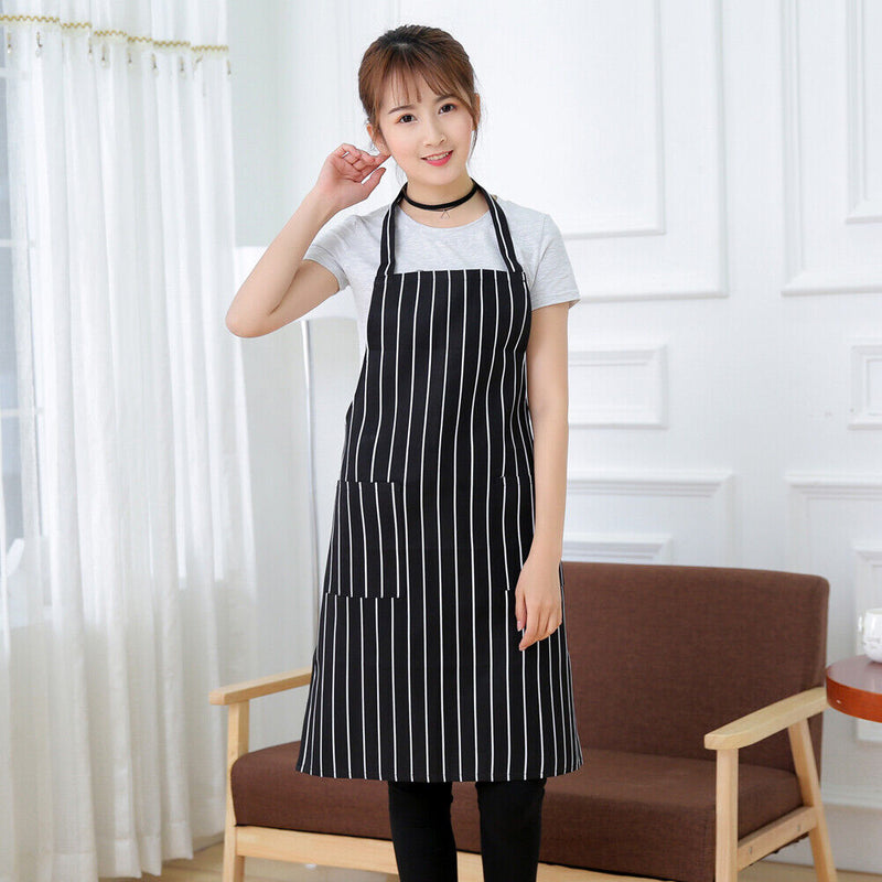 Waterproof Oilproof Stripe Bib Apron with 2 Pockets Chef Cook Tool