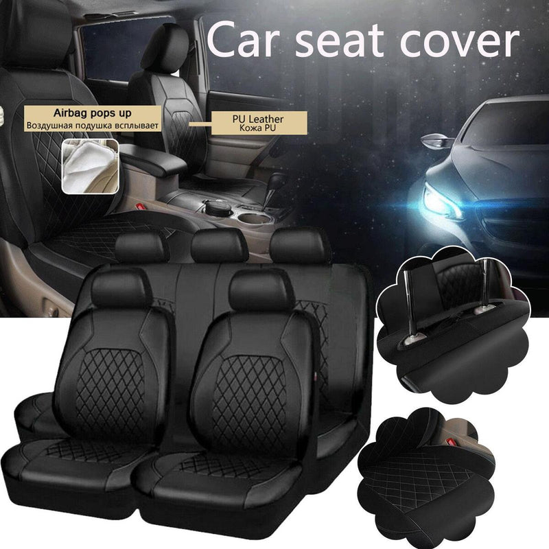 Black Leather 5-Sits Car Seat Covers Front Rear Full Interior Cushion 9Pcs