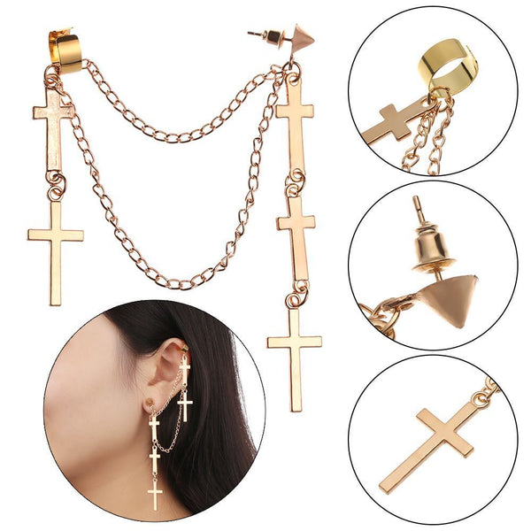 Drop Hip Hop Ladies Long Chain Stud Tassel Earrings Cross Earrings Multi-Layer
