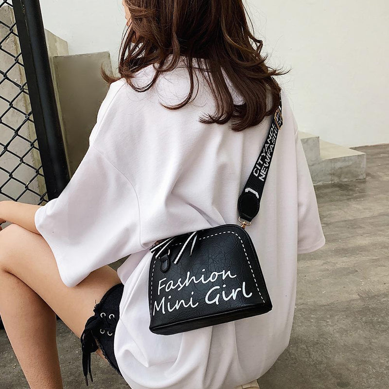 Women PU Leather Shell Wide Shoulder Strap Crossbody Messenger Bag (Black)