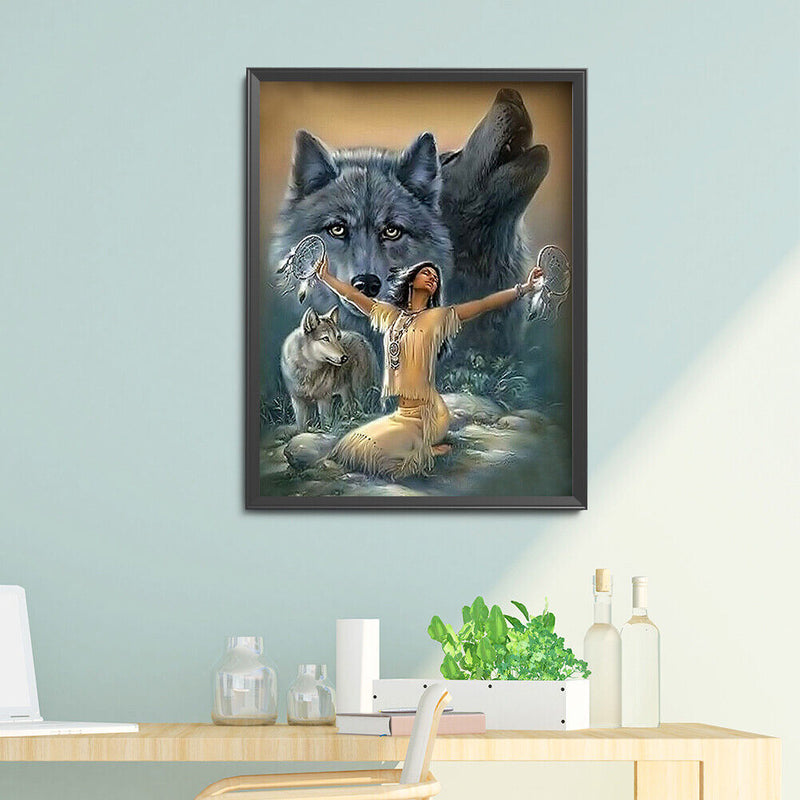 5D DIY Diamond Woman Wolf Full Round Drill Mosaic Wall Art Picture of Rhinestone