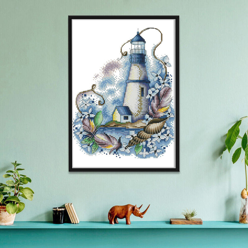 Cross Stitch Kit DIY Blue Lighthouse 14CT Stamped Needlework 22X29cm (F965)