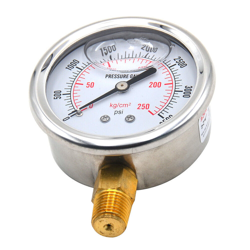 Stainless Steel Hydraulic Fluid Pressure Gauge Tester Meter 0-3500PSI US Thread