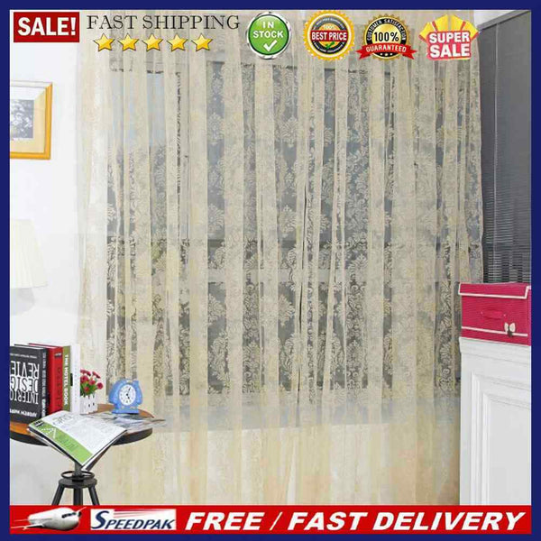 Flocking Floral Tulle Printed Window Door Curtain for Living Room (Beige)