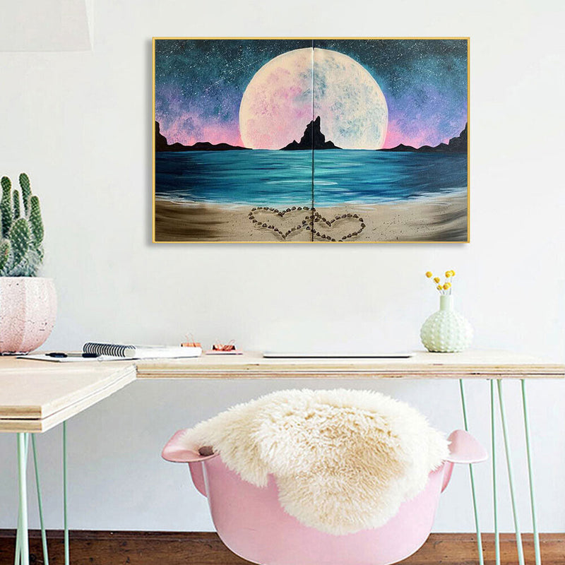 2 Panels Beach Hearts Moon Oil Paint By Numbers Wall Art Craft Home Decorat