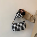 Retro Houndstooth Shoulder Bag Round Purse Women Composite Bags (Black)