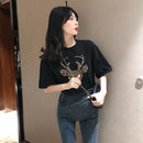 Women T-Shirt Short Sleeve Leopard Deer Print Summer Casual Tops (Black L)