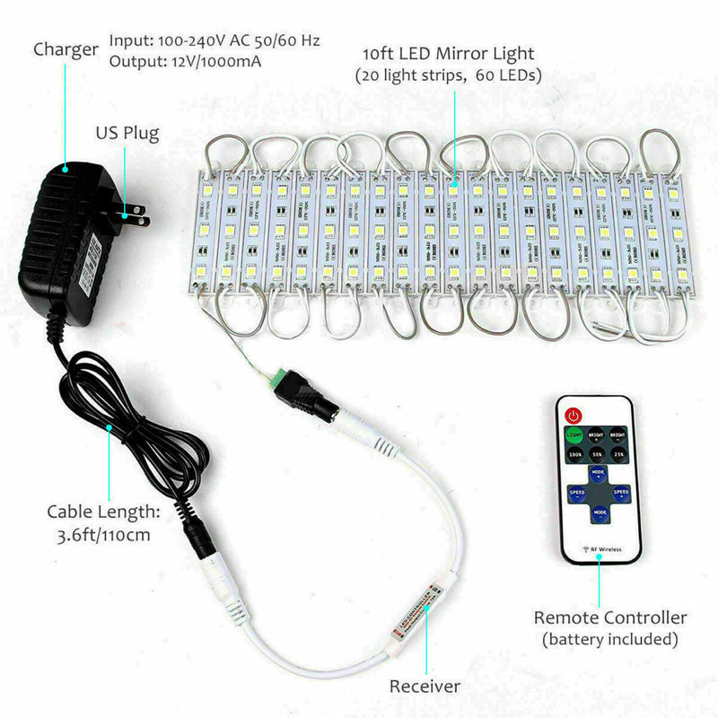 10FT White Dressing Mirror Lighted Cosmetic Makeup V LED Power Z8Z3 L2M1 R8D1