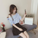 Fashion Women Short Sleeve Stripe Off Shoulder Loose T-Shirts Tops (Blue M)