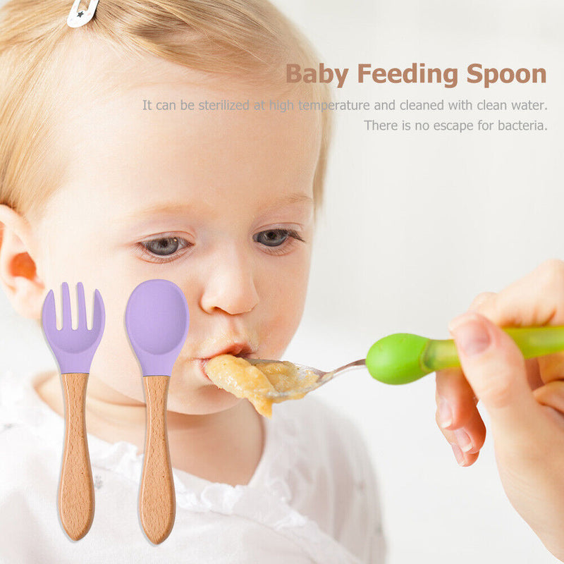 Baby Wooden Silicone Feeding Spoon Toddlers BPA-free Tableware (2) Newly