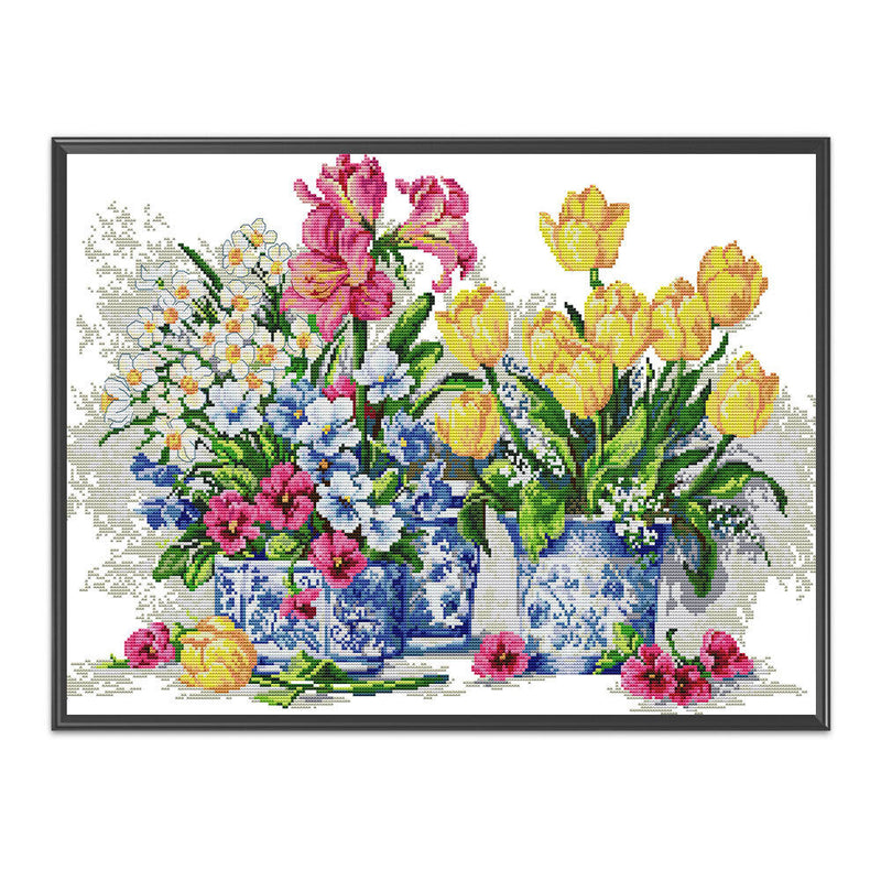 Full Cross Stitch 14CT Cotton Thread DIY Fresh Flowers Printed Embroidery Kits