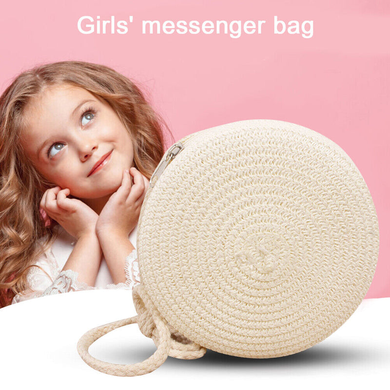 #A Korean Kids Girls Shoulder Bags Straw Round Lovely Summer Messenger Mini Ha