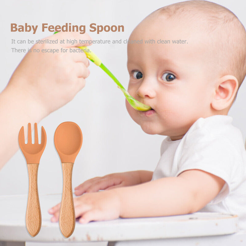 Baby Wooden Silicone Feeding Spoon Toddlers BPA-free Tableware (25) Newly