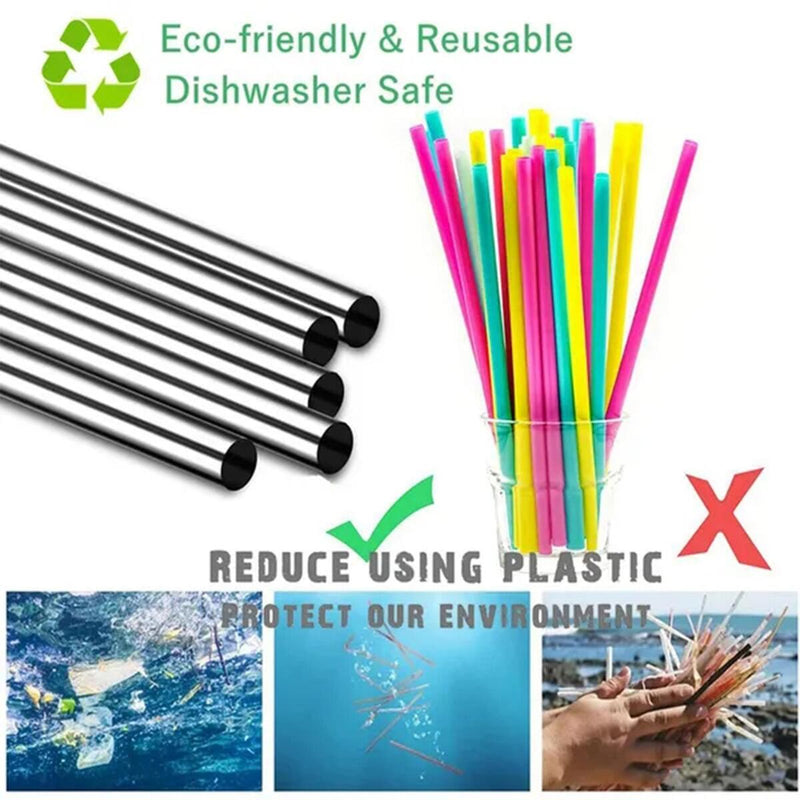 4X Straight Reusable Drinking Straws Steel Eco-Friendly w/ Brush`
