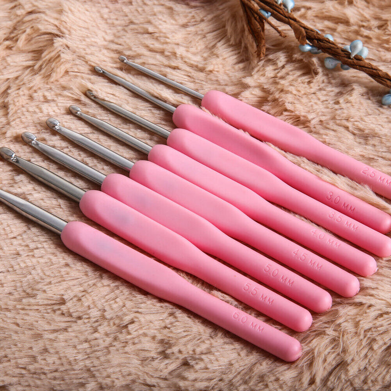 8 sizes Soft Plastic Handle Home Aluminum Crochet Knit Hook Needle  Pink