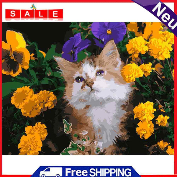 DIY Digital Painting By Numbers Cat Flower Frameless Canvas Picture Modern Art
