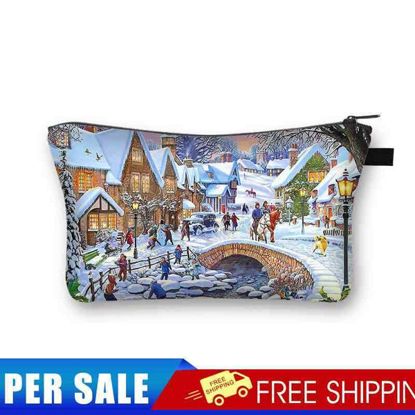 Town snow scene Printed Hand Hold Travel Storage Cosmetic Bag Toiletry Bag
