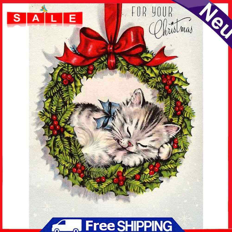 5D DIY Full Round Drill Diamond Painting Xmas Wreath Cat Art Craft Decor Gift
