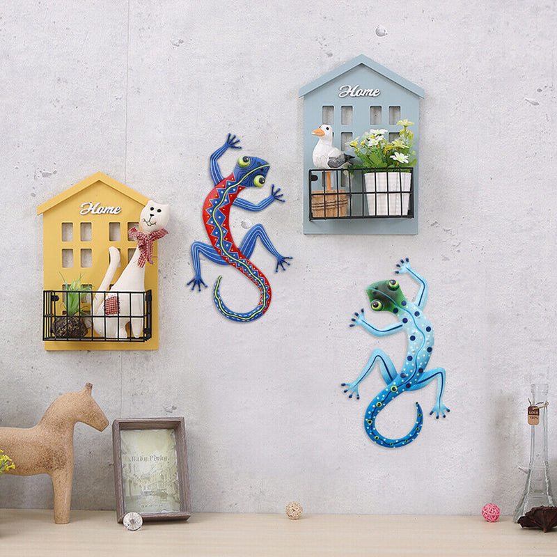 2pcs Wrought Iron Sculptures Gecko Outdoor Garden Wall Hanging Metal Gecko Decor