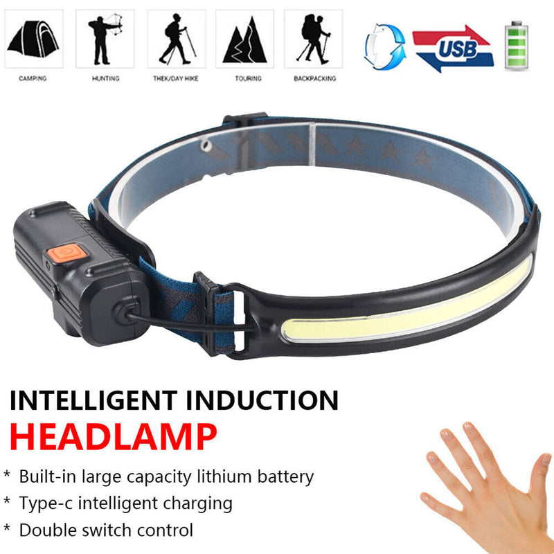 LED Headlamp Rechargeable Wave Motion Sensor Headlight Camping Torch Flashlight