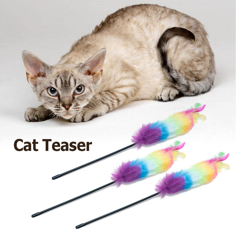 Cat Teaser Colorful Feather Wand Kitten Interactive Stick Pet Toys (37cm)
