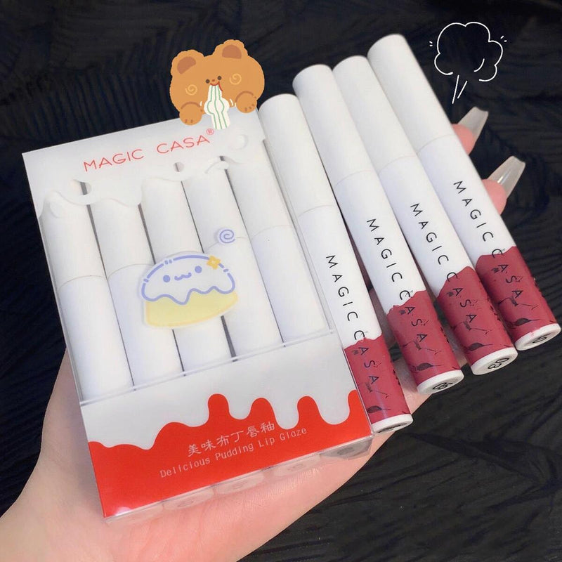 5 Color Cute Pudding Lip Glaze Set Matte Velvet Mud 2Q6W Non-Fading N5Y Z2B1