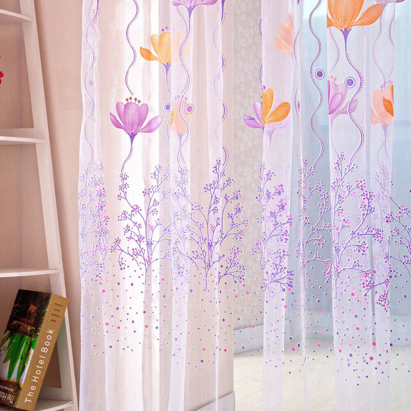 Flowers Print Translucent Curtains Windows Decor Tulle Sheer Drapes Purple