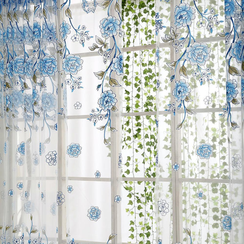 2pcs Peony Curtain Living Room Bedroom Home Door Window Curtain (Blue)
