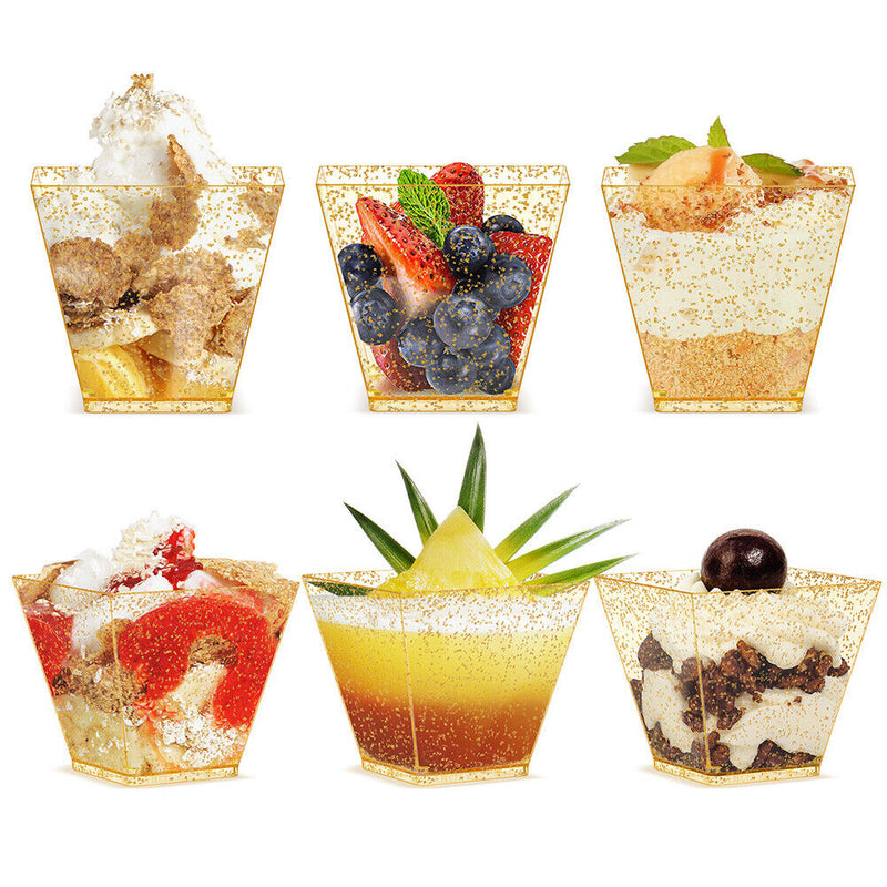 50pcs Dessert Cup Golden Dot Cake Cup with Spoon Set for Jelly Mousse Ice C