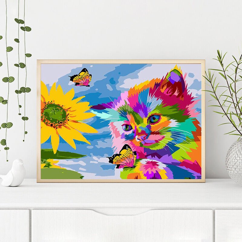 Frameless Cat Sunflower Oil Paint By Numbers DIY Handmade Drawing On Canvas Kit