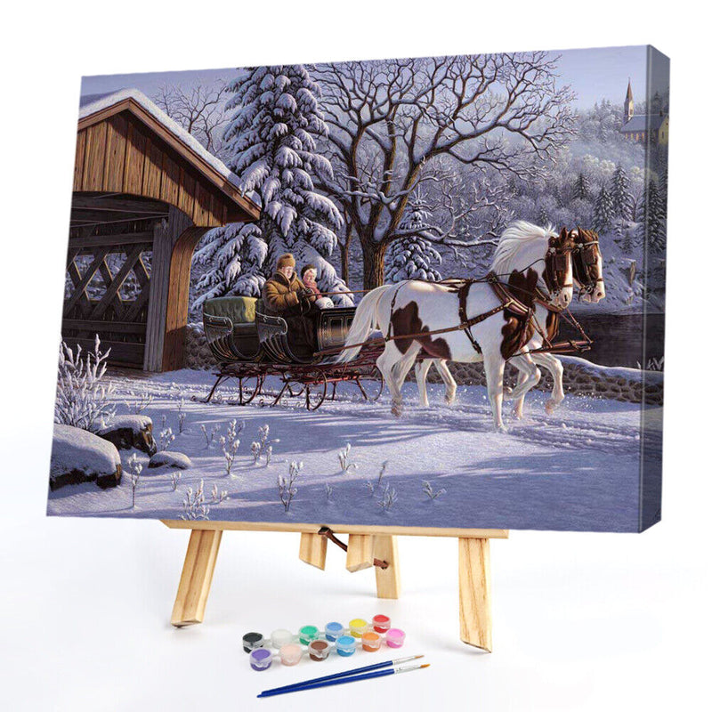 DIY Paint By Number Kit Snow Carriage Scenery No Frame for Home Decoration