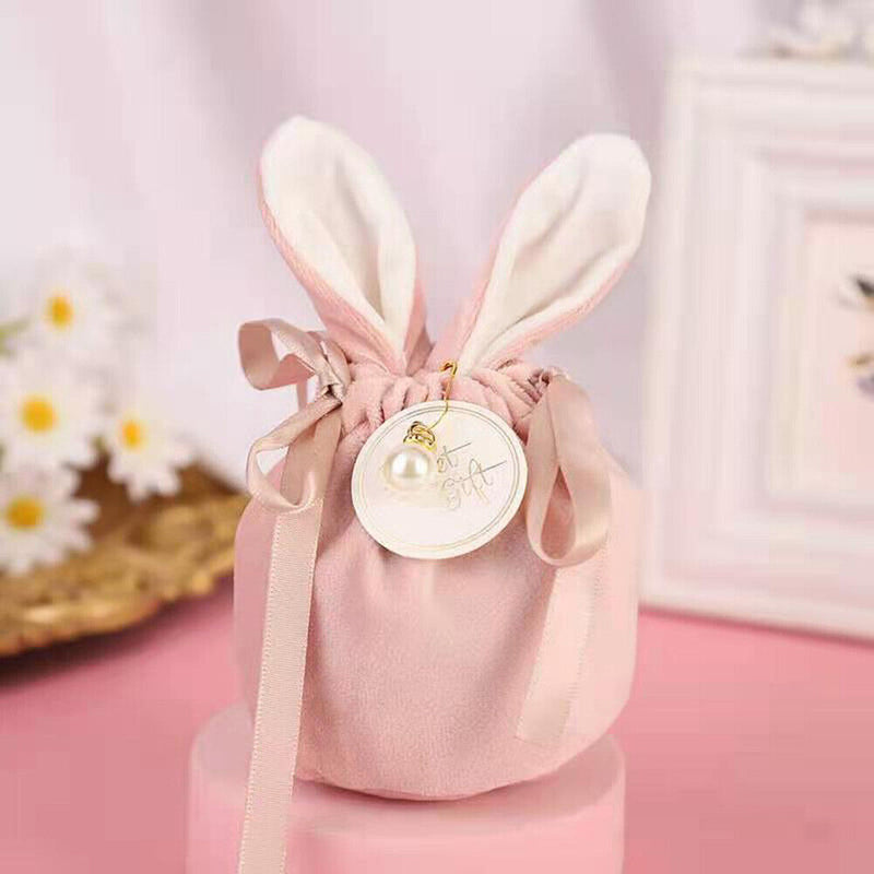 Velvet Easter Rabbit Candy Packing Bags Jewelry Organizer Decor (Pink)