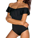 Boat Neck Falbala Strapless Pure Color One Piece Monokini (Black)(XL)