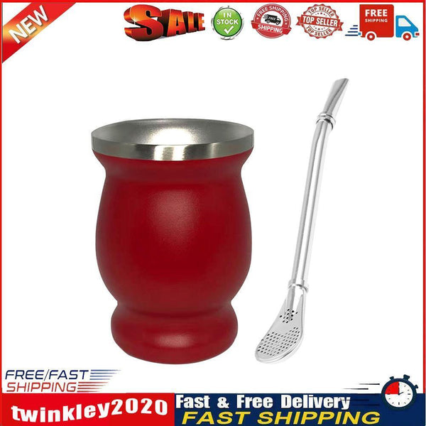 Double Wall Gourd Tea Cup 8oz Stainless Steel Yerba Mate Tea Cup (Red) Newly