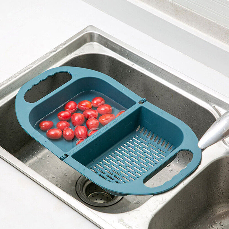 Foldable Drain Basket Fruit Vegetable Kitchen Washing Sink Strainer (Blue)